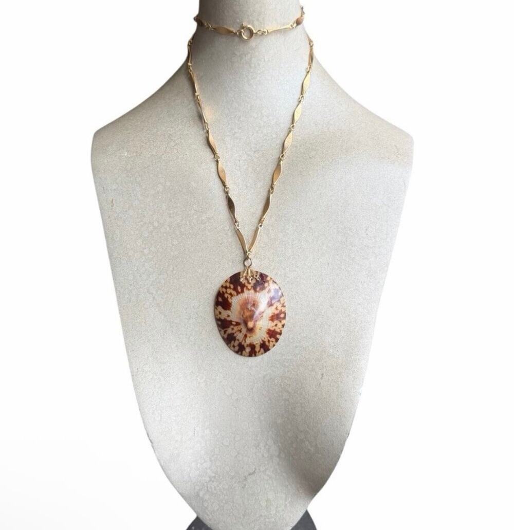 Vintage Statement Disc Pendant Necklace Gold Tone Long Chain Boho Retro